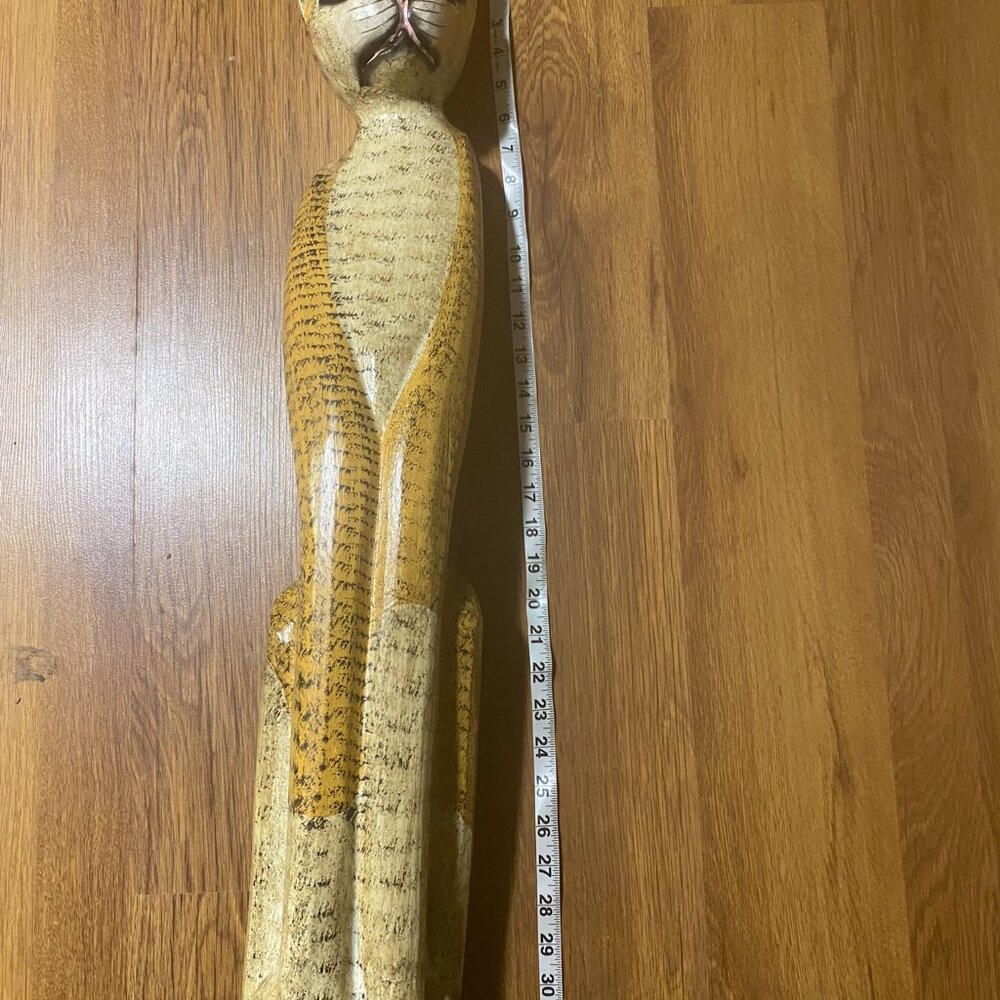Vintage Hand Carved Wooden Cat Sculptures Pair Tall 32" Folk Art Indonesia MCM - Picture 10 of 11